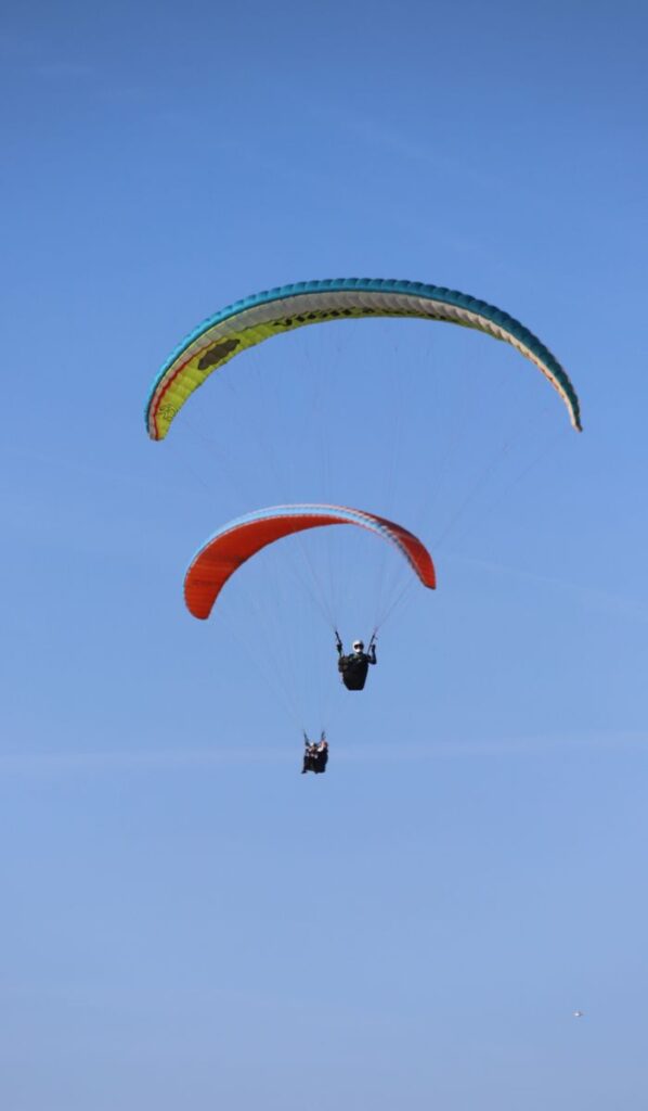 Two paragliders soaring through clear blue skies on a sunny day.